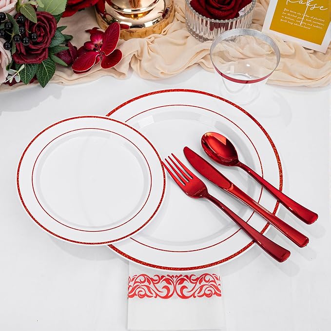 WELLIFE 700 Pcs Red Plastic Plates for 100 Guests - Plastic Dinnerware Set,Party Supplies Includes 200 Red Disposable Plates,300 Silverware,100 Napkins,100 Cups,Valentines Plates
