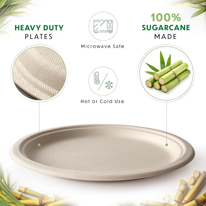 Compostable Plates, Disposable Heavy Duty Paper Plates - [125 Count] 9 Inch, Unbleached Biodegradable, Made of Natural Sugarcane Bagasse, Brown, For Everyday Use Meals, Dinner, Party, Eco-Friendly
