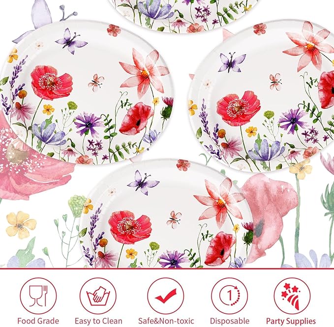 Grencian 50Pcs Floral Oval Paper Plates 10" X 12" Large Disposable Wildflower Plates Heavy Duty Watercolor Flower Platters for Spring Birthday Picnic Wedding Bridal Baby Shower Tea Party Supplies