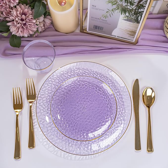 DaYammi 60 Pieces Purple Gold Plastic Plates - 10 inch Clear Dinner Plates - Hammer Pattern Design - Fancy Clear Purple and Gold Disposable Plates For All Occasions
