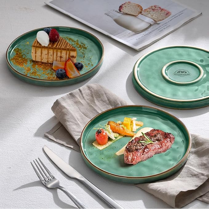 LIANYU 7.9 Inch Dessert Plates of 4, Kitchen Ceramic Dinner Plates Set, Dinnerware Serving Dishes Set, Dinnerware Salad Appetizer Plates for Microwave Dishwasher Oven, Chip Resistant, Emerald Green