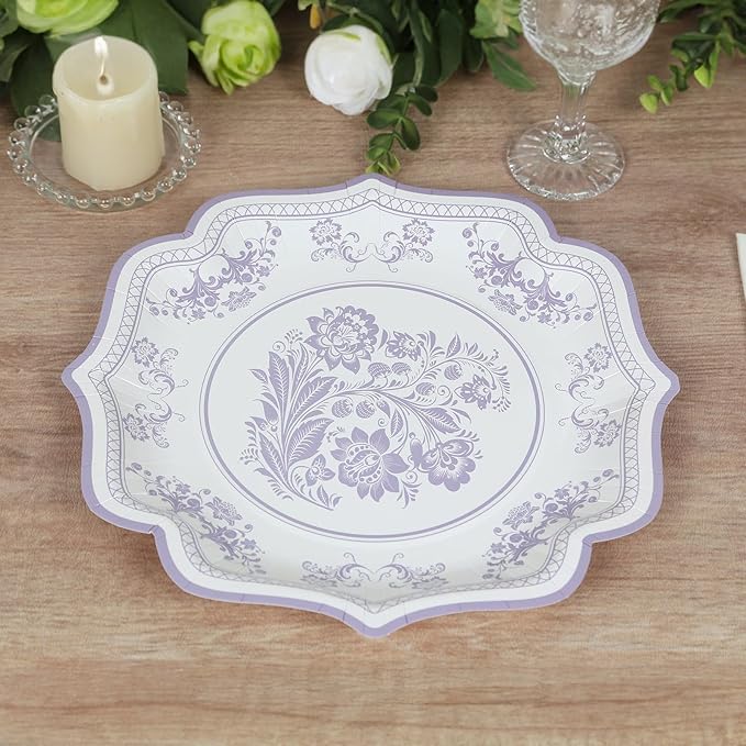 50 Pack 8" White Lavender Lilac French Toile Dessert Plates, Disposable Round Paper Floral Pattern Appetizer Salad Plates 300 GSM for Party Decoration