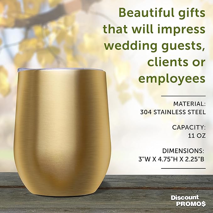 DISCOUNT PROMOS Stemless Wine Glass Tumblers with Lids by Largo 11 oz. Set of 6, Bulk Pack - Perfect for Wine, Cocktails, Other Hot & Cold Beverages - Gold