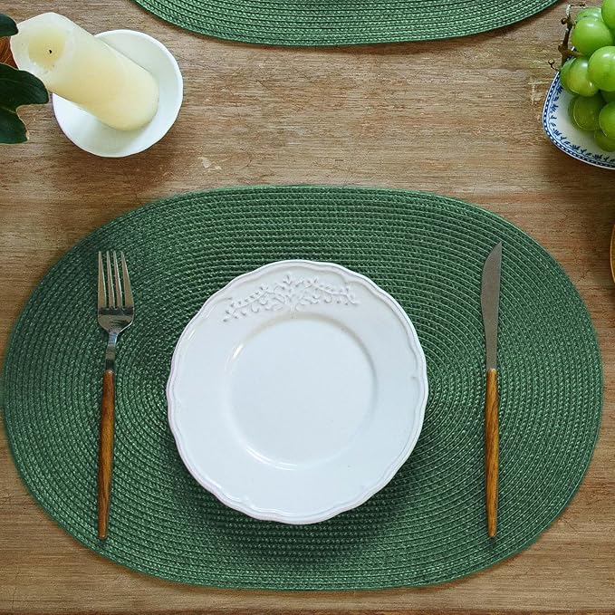 FunWheat Oval Braided Placemats Set of 4 Table Mats for Dining Tables Washable Heat Resistant Place Mats for Indoor Outdoor Use 12 x18 Inch(Oval Black Green, 4pcs)