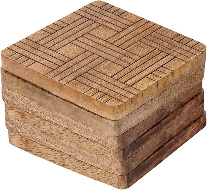 Set of 6 Wood Coasters - Natural Mango Wooden Coasters for Drinks, Beverages, Wine Glasses & Bar Glasses - Rustic & Durable Drink Coasters - Coaster Set for Home, Kitchen, Dining, Bar Decor