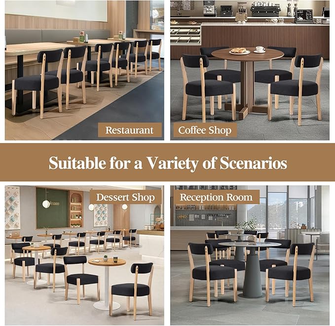 Dining Chairs Set of 4, Mid-Century Modern Wooden Kitchen Chairs with Linen Upholstery - Low-Back Woven Design for Kitchen & Dining Room,Black Fabric