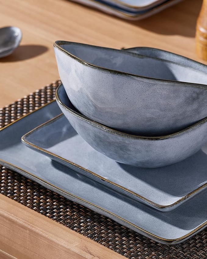 Famiware Dinnerware Sets for 4, Ocean Square 12-Piece Kitchen Plates and Bowls Sets, Reactive Glaze, Microwave and Dishwasher Safe, Scratch Resistant, Blue