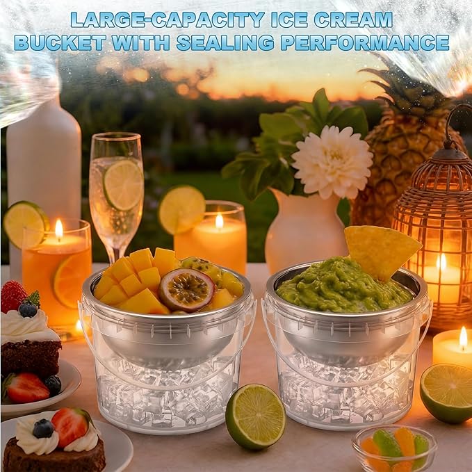 6 Set 34 oz Dip Chiller Bowl with 68 oz Ice Bowl Base with Handle, Stainless Steel Chilled Cold Serving Dish for Salads Dips Fruits Potato BBQ Outdoor Party Favor