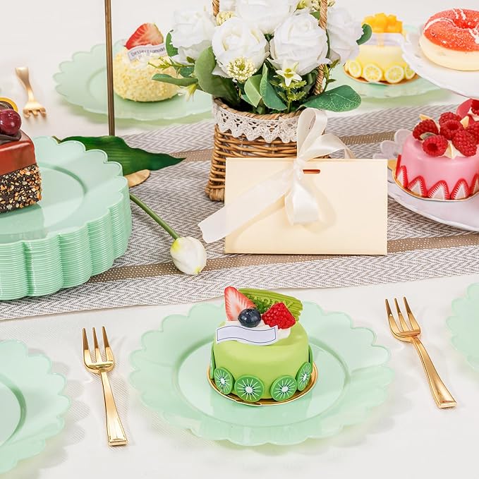 LIYH 200 Pcs Sage Green Plastic Disposable Plates and Gold Forks 7.5 Inch Scalloped Dessert Appetizer Plates, Cake Forks 5" for Wedding Party
