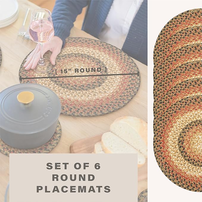 Homespice Russet Jute Woven Round Placemats Set of 6, 15", Warm Country Decor, Multicolor Table Mats - Vibrant Colors, Durable, Easy to Clean and Protects Furniture