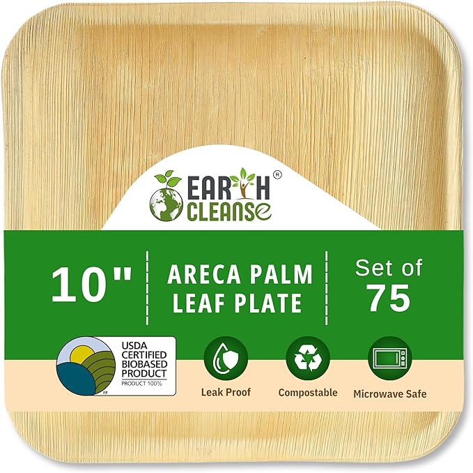 Compostable Palm Leaf Plates 10 Inch Square (75 Pack) | Disposable Biodegradable Plates Like Bamboo & Wooden | Microwave & Oven Safe | Eco-Friendly