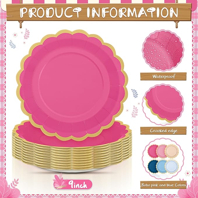 48 Pcs Pink Navy Blue Paper Plates 9 Inch Gradient Scalloped Paper Plates Disposable Dinner Dessert for Birthday Wedding Bridal Party Supplies, 6 Colors
