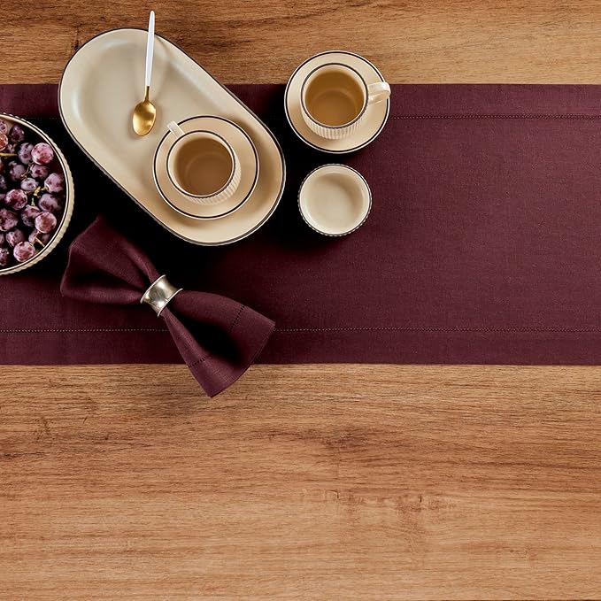 Solino Home Linen Burgundy Table Runner 132 Inches Long - 100% Pure Linen Extra Long Table Runner 14 x 132 Inch for Valentines, Winter - Classic Hemstitch