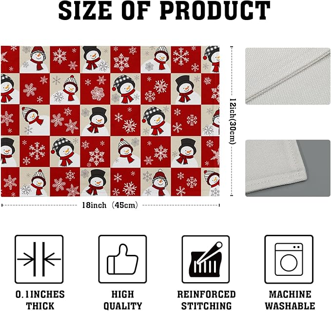 Winter Placemats Set of 4 - Cute Snowflake Snowman Place Mats 12x18 Table Mats Red Beige Buffalo Plaid Kitchen Mats for Party Dining Table