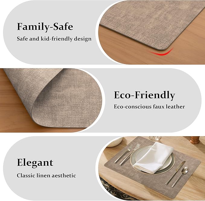 FROMHEART Faux Leather Placemats Set of 8–Waterproof,Heat/Oil Stain-Resistant PU Table Mat–Reversible,Non-Slip,Easy to Clean Place Mats for Kitchen,Dining,Indoor/Outdoor,(Light Coffee,11.8" x 17")