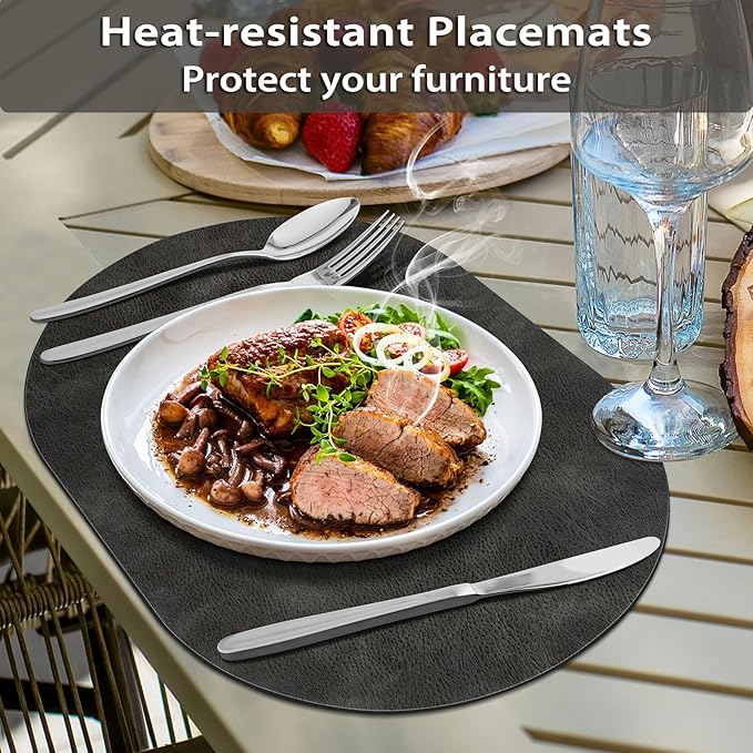 ADRIMER Placemats, Heat Resistant Oval Placemats Set of 12 Washable 12 x 17 Inch, Waterproof Table Mats, Wipeable Pu Place Mats for Kitchen, Dark Grey