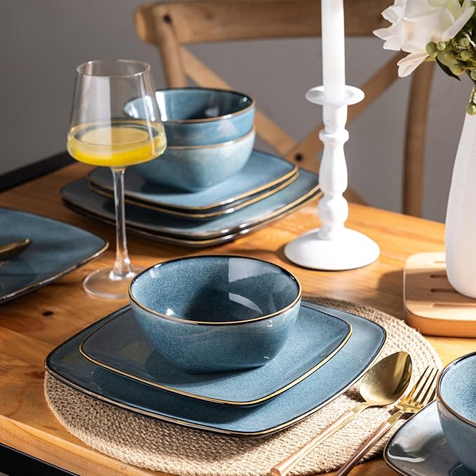 AmorArc Ceramic Dinnerware Sets for 4, 12 Pieces Square Handpainted Plates and Bowls Set, Chip and Scratch Resistant Stoneware Dishes Set, Dishwasher & Microwave Safe, Ocean Blue