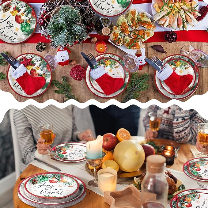 48 Pcs Christmas Paper Plates Include 9 Inch Joy to The World Plate 7 Inch Watercolor Pine Xmas Ball Plate for Holiday Party Supplies