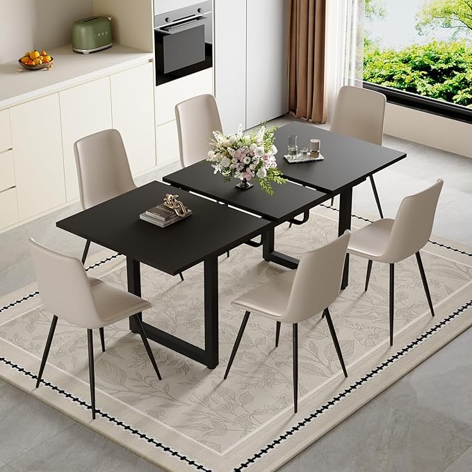 Extendable Dining Table Set for 4, 55"–71" Modern Black Kitchen Table with 4 Upholstered Chairs, Space-Saving for Living Room Apartment, Sturdy & Comfortable, Easy Assembly