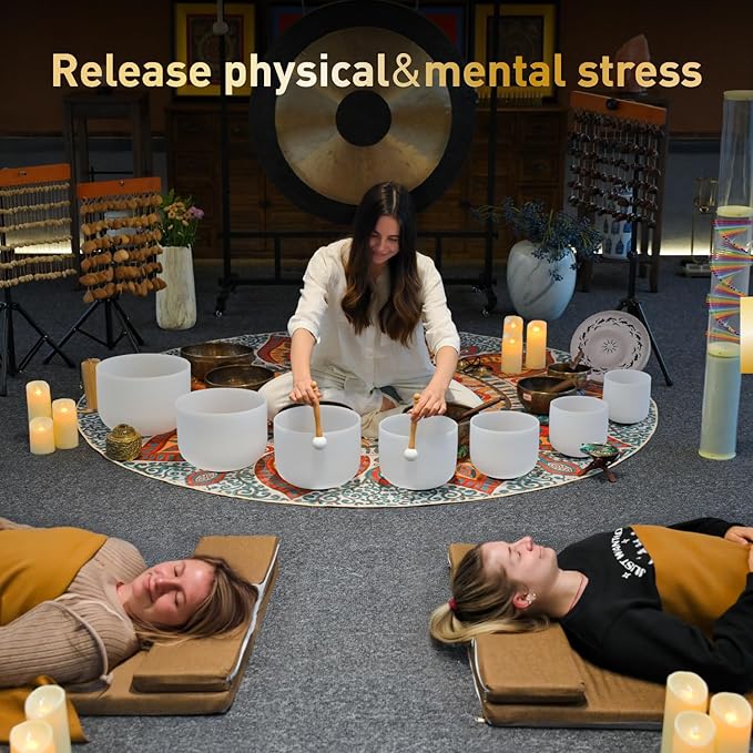 CVNC 432HZ 6-12 Inch Set Of 7 PCS Frosted Chakra Quartz Crystal Singing Bowls for Sound Healing with 2 PCS Travel Carry Case Bag