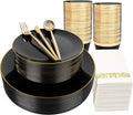 MirthMood 210Pcs Black and Gold Disposable Plates,Black Plates, Black and Gold Plates Include 30 Dinner,Dessert Plate,30 Cup&30 Napkins, 90 Gold Silverware for Wedding & Party & Birthday & New Year