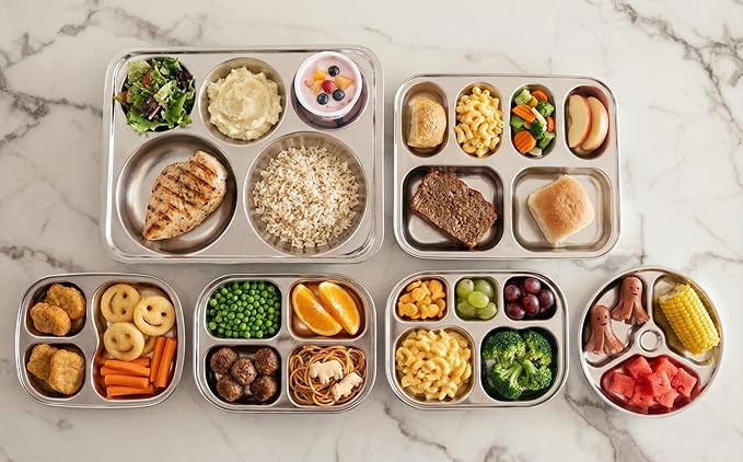 Korean Stainless Steel Divided Plates for Toddlers, Kids, Babies, Premium 304, Electro-Polished, No Black Residue, BPA-Free, 5-Compartment Food Tray, Camping, Picky Eaters, Set of 2