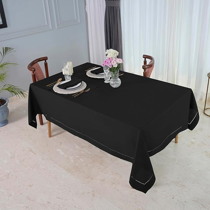 D'Moksha Homes Black Linen Tablecloth for Rectangle Tables 60 x 84 Inch - Classic Hemstitch 100% Pure Linen Black Table Cloth - Machine Washable Dining Tablecloth for Spring, Easter