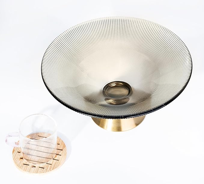 Tapered Glass Decorative Bowl (Coffee Brown), 9.8 Inches Handblown Striped Design Fruit Bowl with Rust-Resistant Metal Base for Home Decor, Table Centerpiece, Kitchen Island and Dining Decor