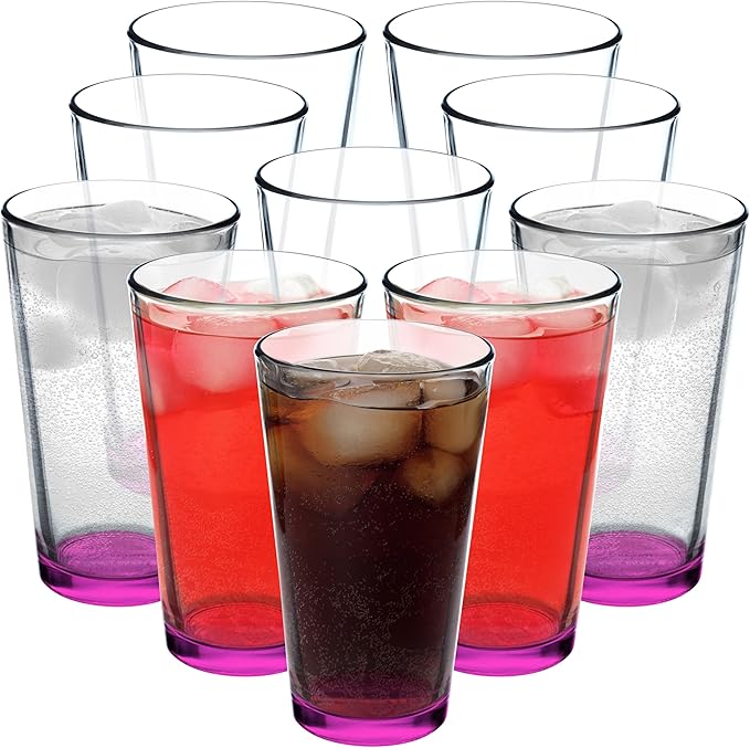 DISCOUNT PROMOS Beer Pint Glasses 16 oz. Set of 10, Bulk Pack - Heavy Duty Glassware for Restaurant, Thick Base and Walls, Stackable - Pink