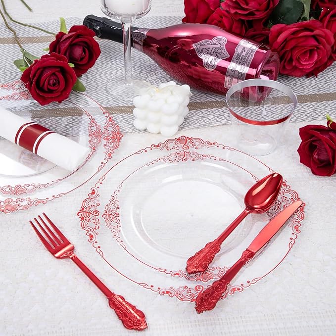 Hioasis 175pcs Clear and Red Plates - Red Party Plates for 25 Guest, Include 50 Heavy-duty Plates(20% Thicker Than Standard), 25 Pre Rolled Gold Plastic Silverware Set, 25 Cups
