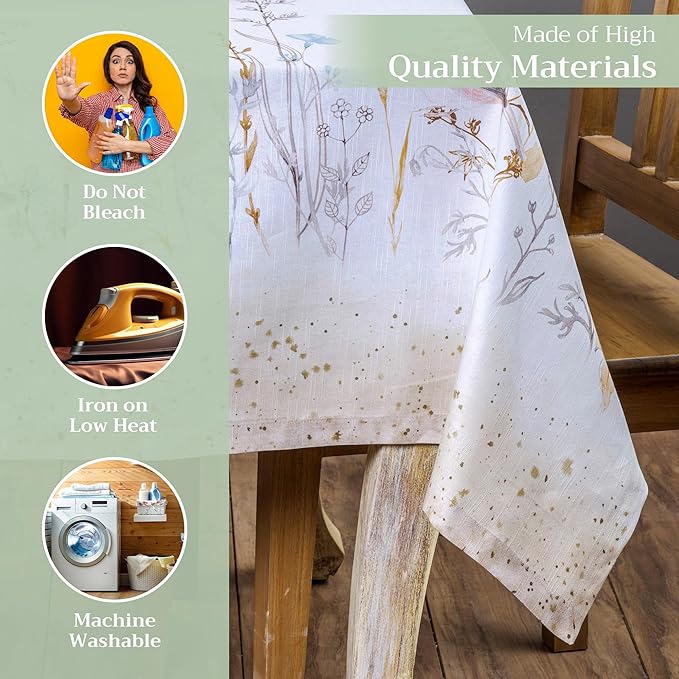 Maison d' Hermine Table Cloth Rectangle Table 100% Cotton 60 x 108 Inches Tablecloth Reusable Decorative for Dining Room Farmhouse Home Valentines Day Decorations Spring Summer- Meadow Florals - Beige