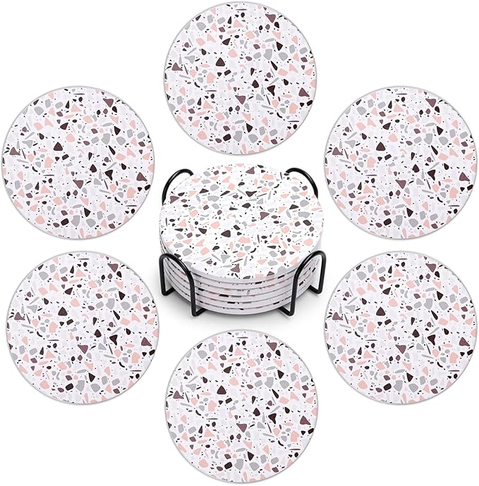 Acejoz Drink Coasters with Holder, Set of 6, Terrazzo Pattern, Ceramic, Round, 4 Inches