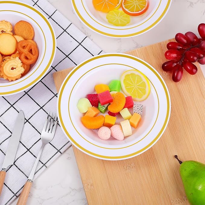 Jinei 200 Pieces 6 oz Plastic Bowls with Rim Small Disposable Soup Bowls for Dessert Salad Soup Candy Wedding Thanksgiving Catering Holidays Party Supplies (White,Gold Rim)