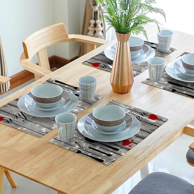 Farmhouse Kitchen Table Placemats - Rustic Place Mats Set of 4 Heart Wood Table Mats 12x18 for Party Kitchen Dining Grey