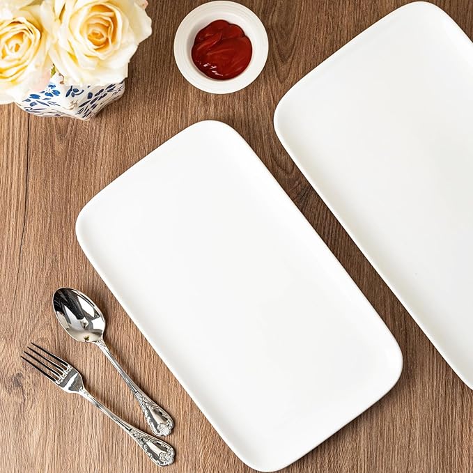 White Serving Platters Set of 2, 15.5 Inch Large Rectangular Serving Platters, Ceramic Serving Plates, Porcelain Platter for Food, Appetizer, Sushi, Steak