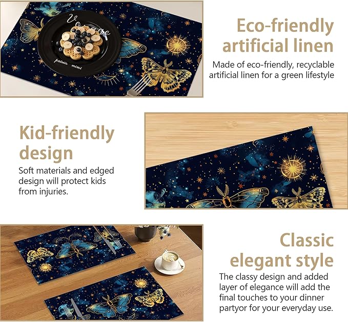 Watercolor Butterfly Starry Sky 12x18 Inch Placemats Set of 6 - Waterproof, Non-Slip & Washable Table Mats for Kitchen & Dining Table Placemats