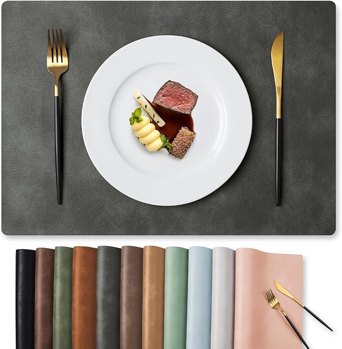 MOSAYT Vinyl Placemats Set of 6-12 X 17 Inch - Faux Leather 100% Waterproof Oil-Proof Wipeable PU Place Mats, Heat Resistant Reversible Table Mats for Kitchen, Dining, Outdoor (Dark Grey)