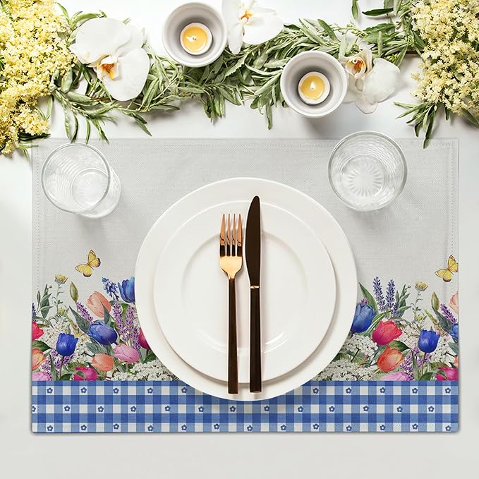 Tulip Placemats - Spring Easter Place Mats Set of 4 Blue Floral Plaid Place Mat 12x18 for Party Kitchen Dining Home