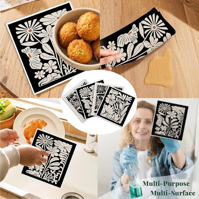 Spring Flower Swedish Dishcloths for Kitchen, Boho Swedish Dish Cleaning Cloths for Floral, Papaya Reusable Paper Towels, 4 Pack Dish Towels for Kitchen, Reusable Paper Dishcloths Washable