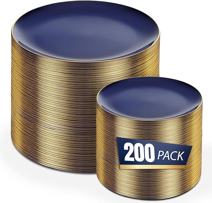 bUCLA 200PCS Blue Plastic Plates - Navy Blue Disposable with Gold Rim Include 100 Each (10 inch Dinner & 7 inch Dessert) Plates, Ideal for Party, Gathering and Hanukkah