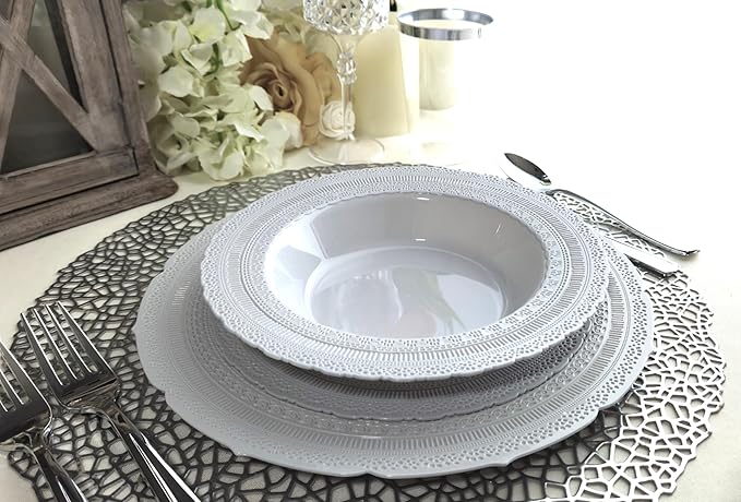 " OCCASIONS " 50 Plates Pack (25 Guests)-Extra Heavyweight Vintage Wedding Disposable/Reusable Plastic Plates -25x11'' Dinner + 25x8.25'' Salad/dessert (Chateau Collection Light Gray)