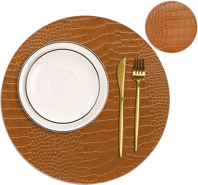 Jovono Round Leather Placemats for Round Tables Set of 4, Brown Place Mats and Coasters, Wipeable Waterproof Heat Resistant Table Mats Easy to Care for Indoor Decor 13 inch Diameter