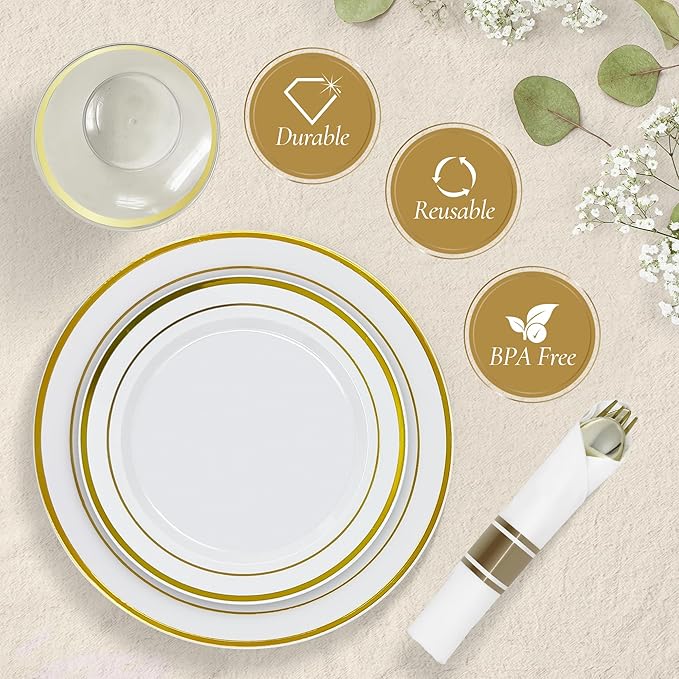 Reli. Plastic Plates for Party | 350 Pieces | White w/Gold Rim | Plates and Napkins Party Supplies | Disposable Dinnerware Set for 50 Guests | Dinner & Dessert Pack, Pre-Rolled Gold Cutlery Set, Cups
