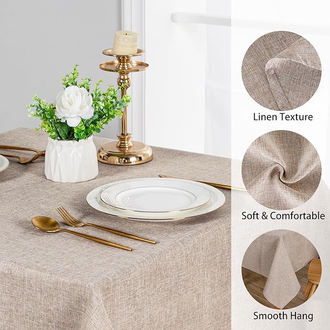JIUZHEN 2 Pack Faux Linen Farmhouse Tablecloth Rectangular, Wrinkle Stain Resistant Table Cloth Rectangle Table Cover for Kitchen Dining, Stone, 52 x 70 Inch