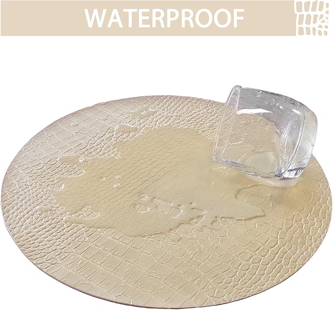 Jovono Round Leather Placemats for Round Tables Set of 6, Beige Place Mats and Coasters, Wipeable Waterproof Heat Resistant Table Mats Easy to Care for Indoor Decor 14 inch Diameter