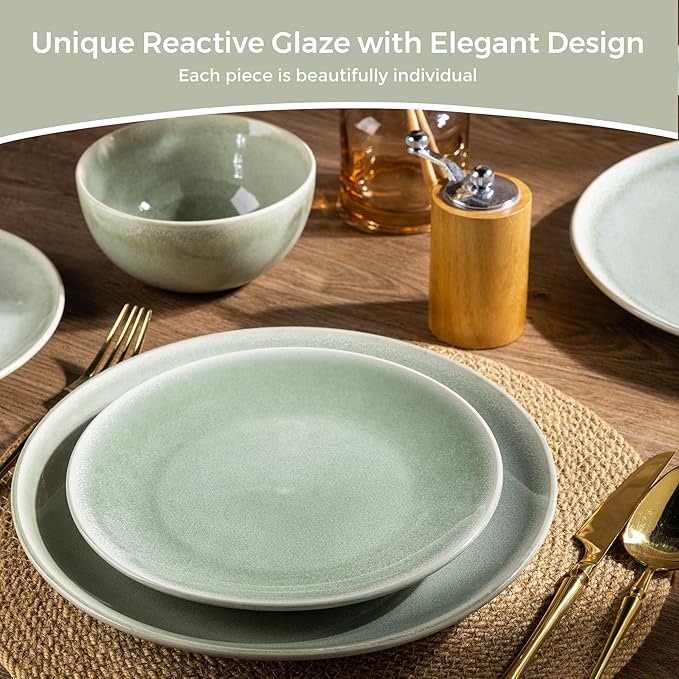 AmorArc Ceramic Dinnerware Sets for 6, 18 Pieces Handpainted Plates and Bowls Set, Scratch Resistant Stoneware Dishes Set, Dishwasher & Microwave Safe, Olive Green