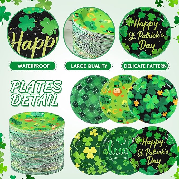 Umigy 120 Pieces 7 Inch St. Patrick's Day Party Plates Green Shamrocks Dinnerware Happy Lucky Disposable Paper Dessert Plates for St Patrick's Day Party Decorations Supplies, 6 Styles