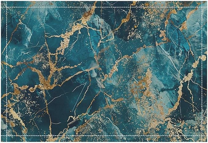 Marble Linen Placemats Set of 4, 12x17 Inch Abstract Modern Foil Stone Texture Blue Gold Marble Table Mats Washable Fabric Place for Party Kitchen Wedding Dining Banquets Decor
