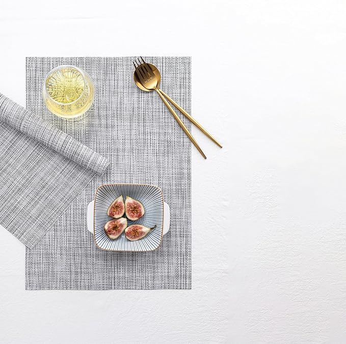 LEXMORE Placemats Set of 6 Vinyl/Plastic Woven Place Mats for Kitchen Table Indoor/Outdoor Washable Placemat Wipeable Dining Table Mats(Gray)