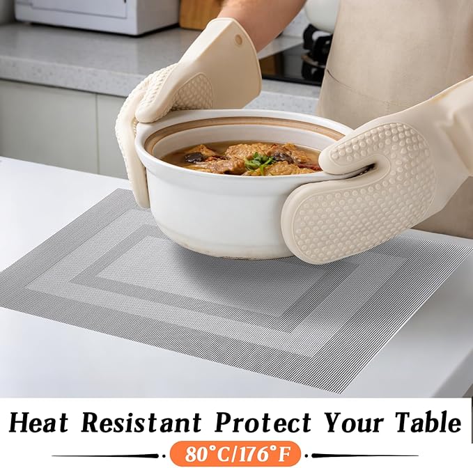 Timeet Gray Placemats Set of 4, Heat Resistant Non-Slip Place Mats, Durable Washable PVC Vinyl Woven Table Mats, Wipeable Placemats for Dining Table Easy to Clean